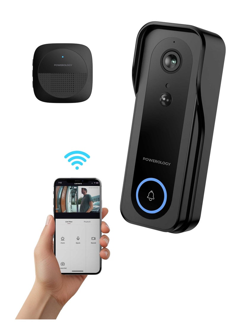 باورولوجي كاميرا جرس باب ذكي 3 ميجابكسل مع جرس مناسب للليل، صوت، جرس باب، 33 نغمة جرس، مقاوم للماء، كاميرا 3 ميجابكسل، جرس باب آمن - أسود. - Image 1